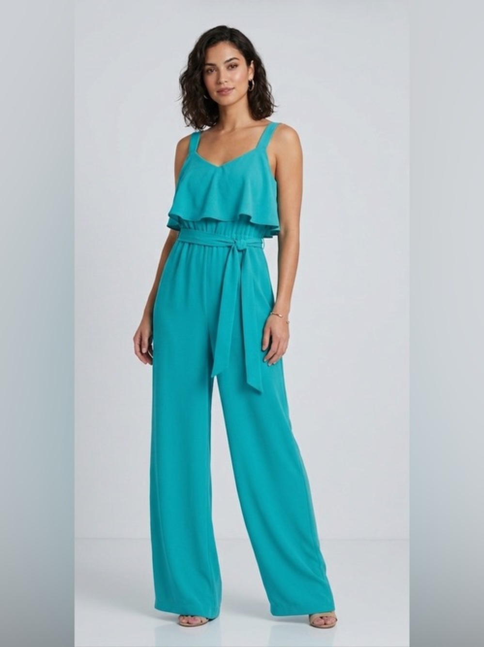 Adrianna Papell Ruffle Neck Wide Leg Jumpsuit Teal Turquoise Size 10- MSRP $169